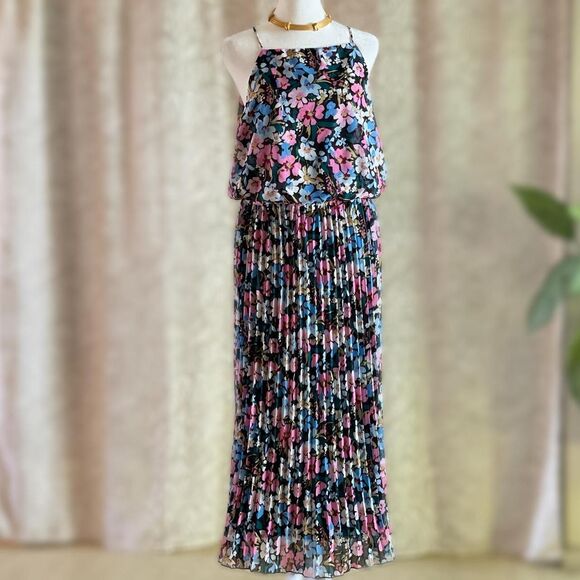 NWT Sam Edelman Multicolor Floral Maxi Dress Pleated Chiffon Lined Boho Size 12 - Picture 1 of 8